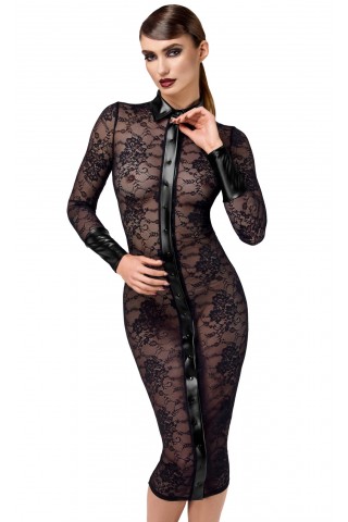 Дълга рокля от еластичен тюл декориран с фигурална дантела и Еко кожа на Noir Handmade