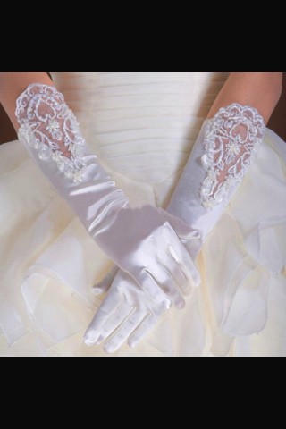 Дълги сатенени ръкавици - бели с бродерия в горната част